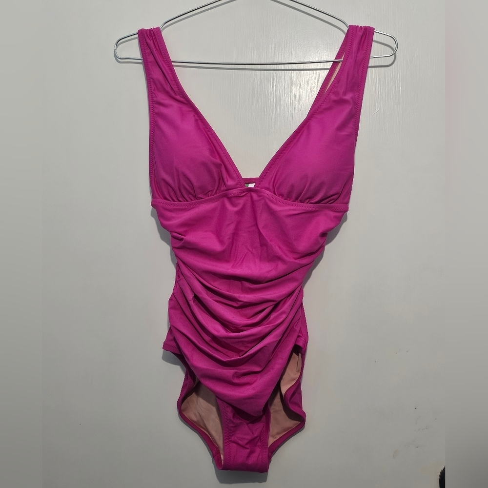 NWT - J.Crew Ruched V-Neck One Piece Swimsuit - Radiant Fuchsia
